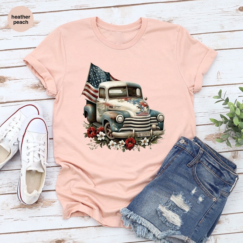 Memorial Day Gifts, Floral American Car Graphic Tees, 4th of July TShirt, Gift for Him, American Flag Outfit, Independence Day Clothing - 4.jpg