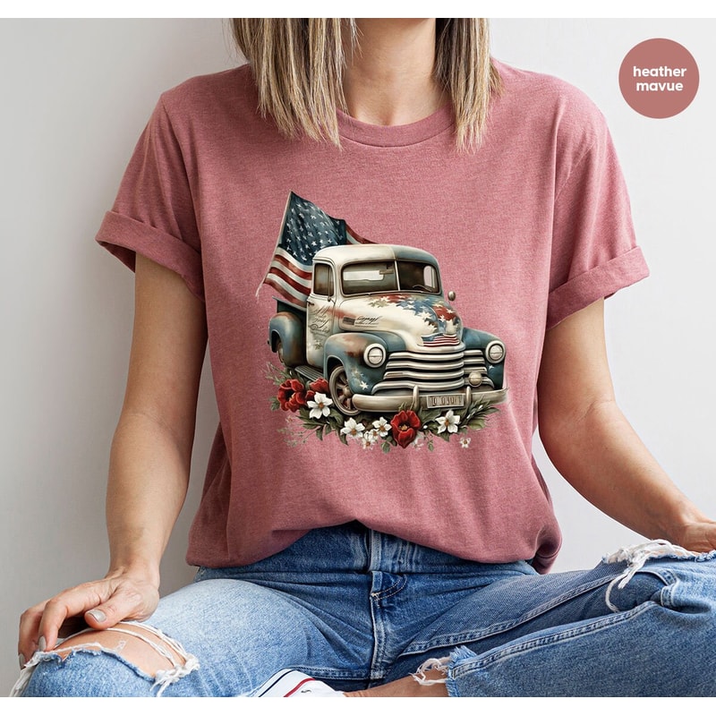 Memorial Day Gifts, Floral American Car Graphic Tees, 4th of July TShirt, Gift for Him, American Flag Outfit, Independence Day Clothing - 6.jpg