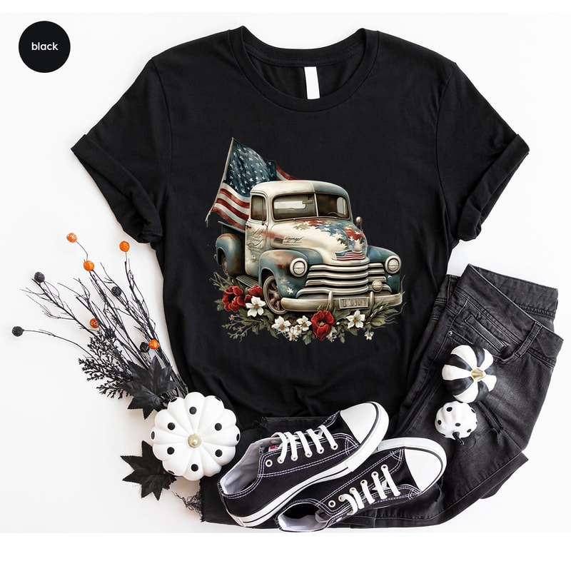 Memorial Day Gifts, Floral American Car Graphic Tees, 4th of July TShirt, Gift for Him, American Flag Outfit, Independence Day Clothing - 7.jpg
