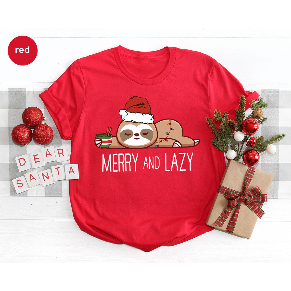 Merry Christmas Shirt, Funny Sloth Shirts, Lazy Sloth Graphic Tees, Merry and Lazy Tshirt, Christmas Lights Tshirts, Gifts for Women - 2.jpg