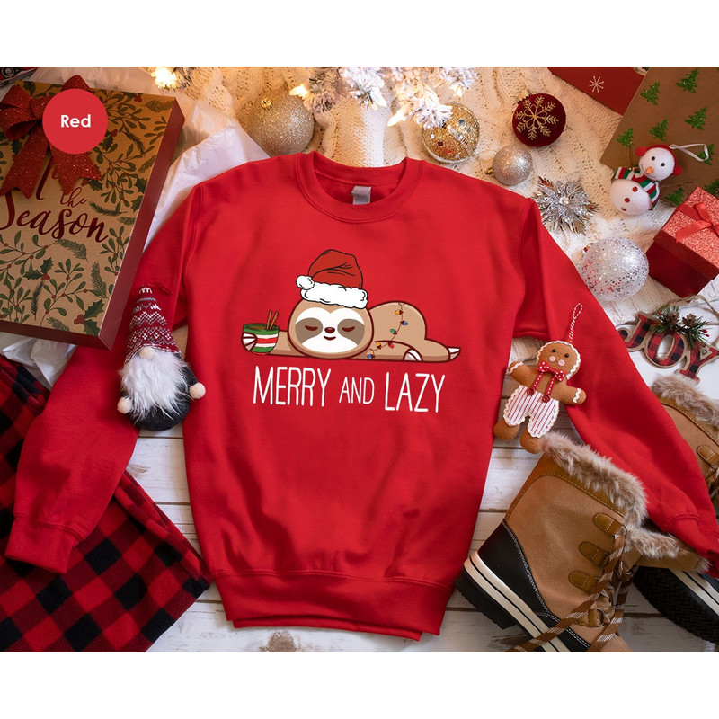 Merry Christmas Shirt, Funny Sloth Shirts, Lazy Sloth Graphic Tees, Merry and Lazy Tshirt, Christmas Lights Tshirts, Gifts for Women - 3.jpg