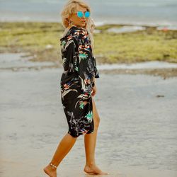 Black Print  Bikini Cover Summer Beach Kimono | Resort Wear Women | Summer Cover Vacation Classy Robe |  Beach Kimono Vi