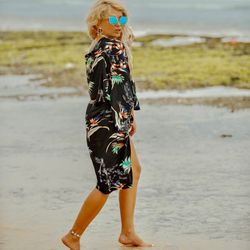black print  bikini cover summer beach kimono | resort wear women | summer cover vacation classy robe |  beach kimono vi