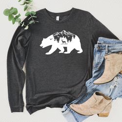 mountain and nature long sleeve shirt, camping shirt, gift for camper, hiking and outdoor longsleeve shirt, bear deer sh