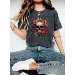 skull and dahlias t-shirt, skull and dahlias tee, floral and skull tshirt, comfort colors shirt, skull tee, skull vintag