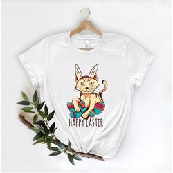 happy easter day t-shirt, cute cat with bunny ears tee, gift for cat owner, cat lover t-shirt, easter cat egg shirt, gif