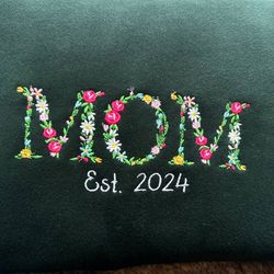 Personalized Flower Mom Embroidered Sweatshirt, Custom Mama Embroidered Crewneck With Kids Names, Gift For Mom