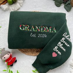 Personalized Grandma Flower Embroidered Sweatshirt, Custom Grandma Embroidered Crewneck With Kids Names, Gift For Mom