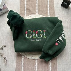 Personalized Gigi Flower Embroidered Sweatshirt, Custom Gigi Embroidered Crewneck With Kids Names, Gift For Mom