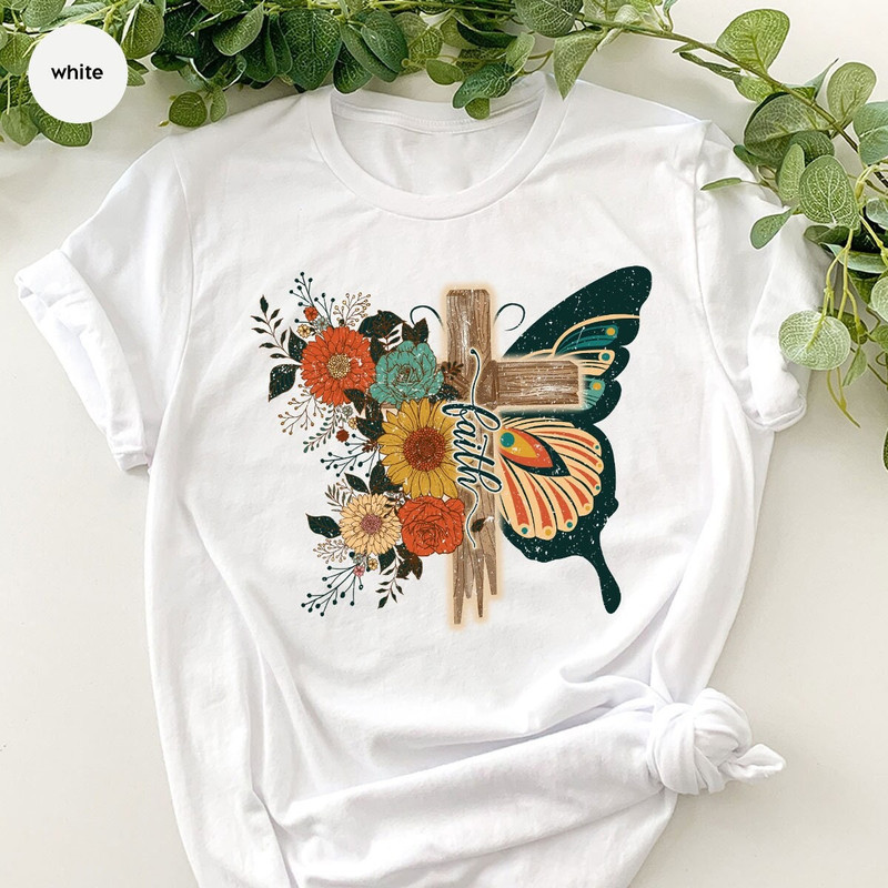 Retro Floral Christian Shirts For Women, Flower Butterfly Faith Cross Graphic Tee, Faith Shirt For Religious, Vintage Faith Cross Design Tee - 1.jpg