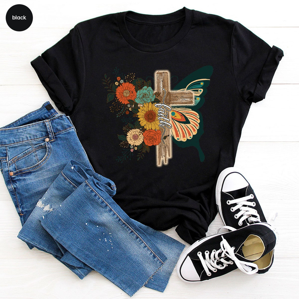 Retro Floral Christian Shirts For Women, Flower Butterfly Faith Cross Graphic Tee, Faith Shirt For Religious, Vintage Faith Cross Design Tee - 4.jpg