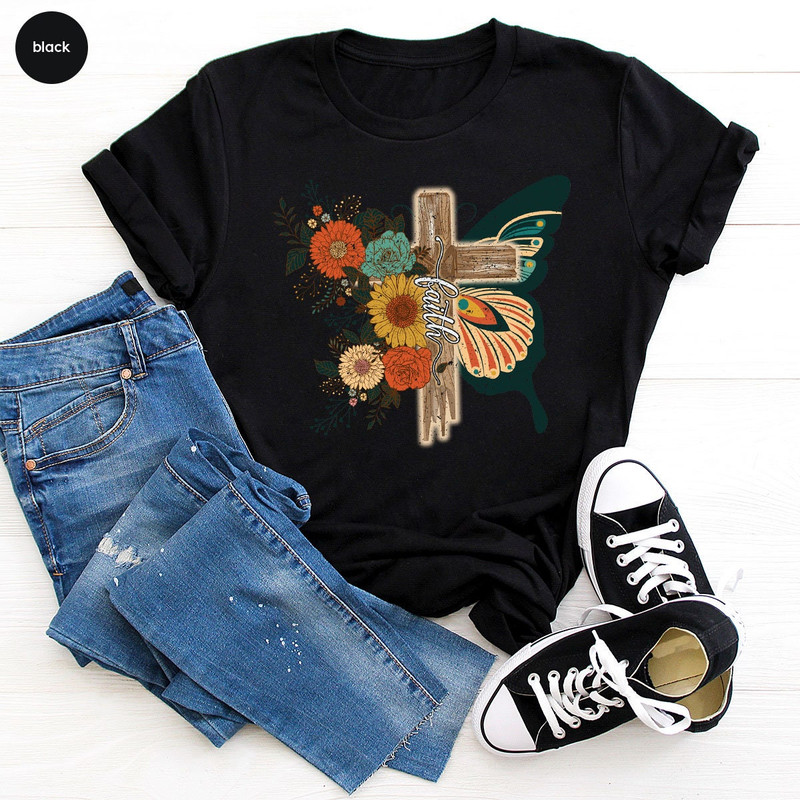 Retro Floral Christian Shirts For Women, Flower Butterfly Faith Cross Graphic Tee, Faith Shirt For Religious, Vintage Faith Cross Design Tee - 4.jpg