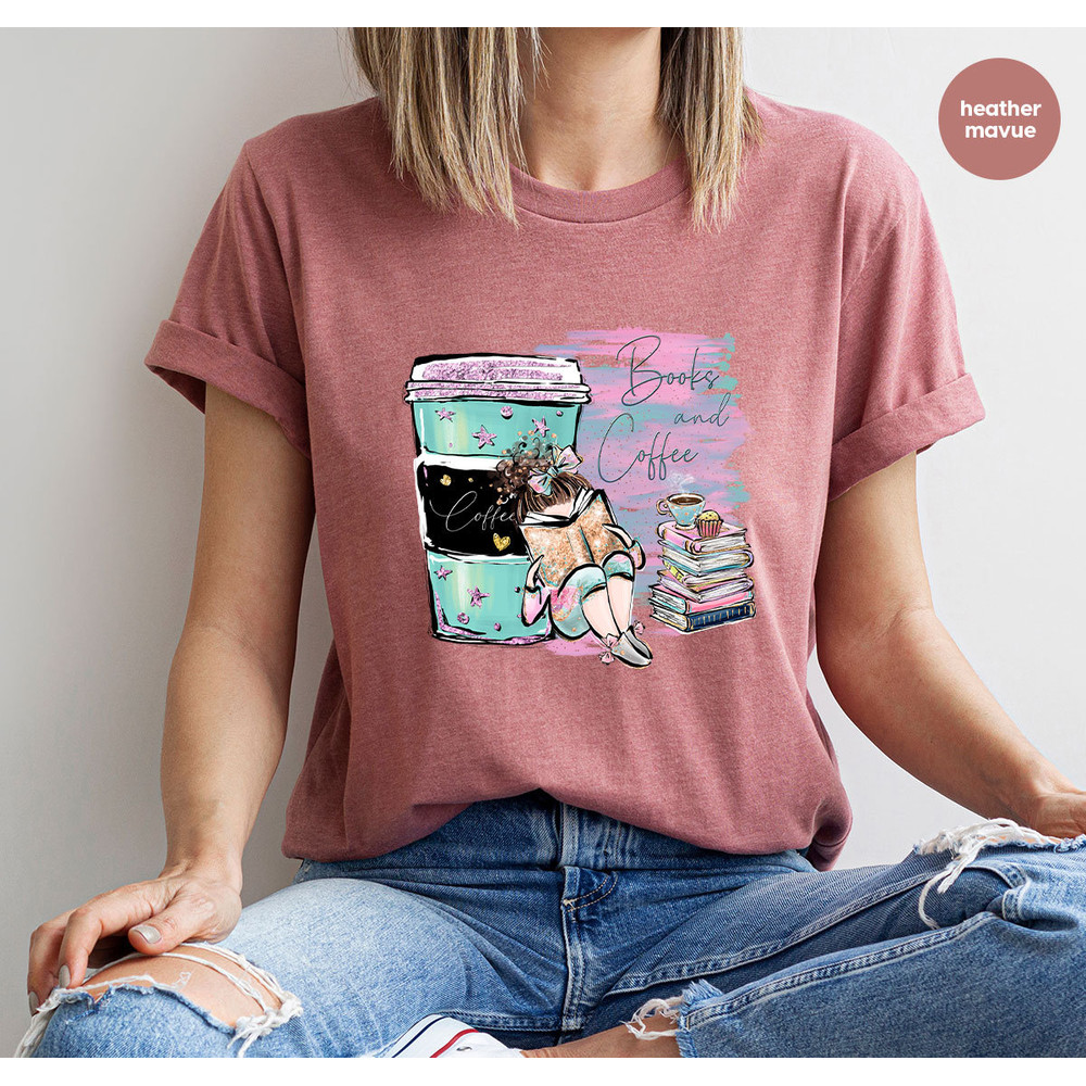 Trendy Librarian Shirt, Coffee Graphic Tees, Funny Book Outfit, Drink Coffee Vneck T-Shirt, Birthday Gifts for Friend, Cool Reading Clothing - 5.jpg