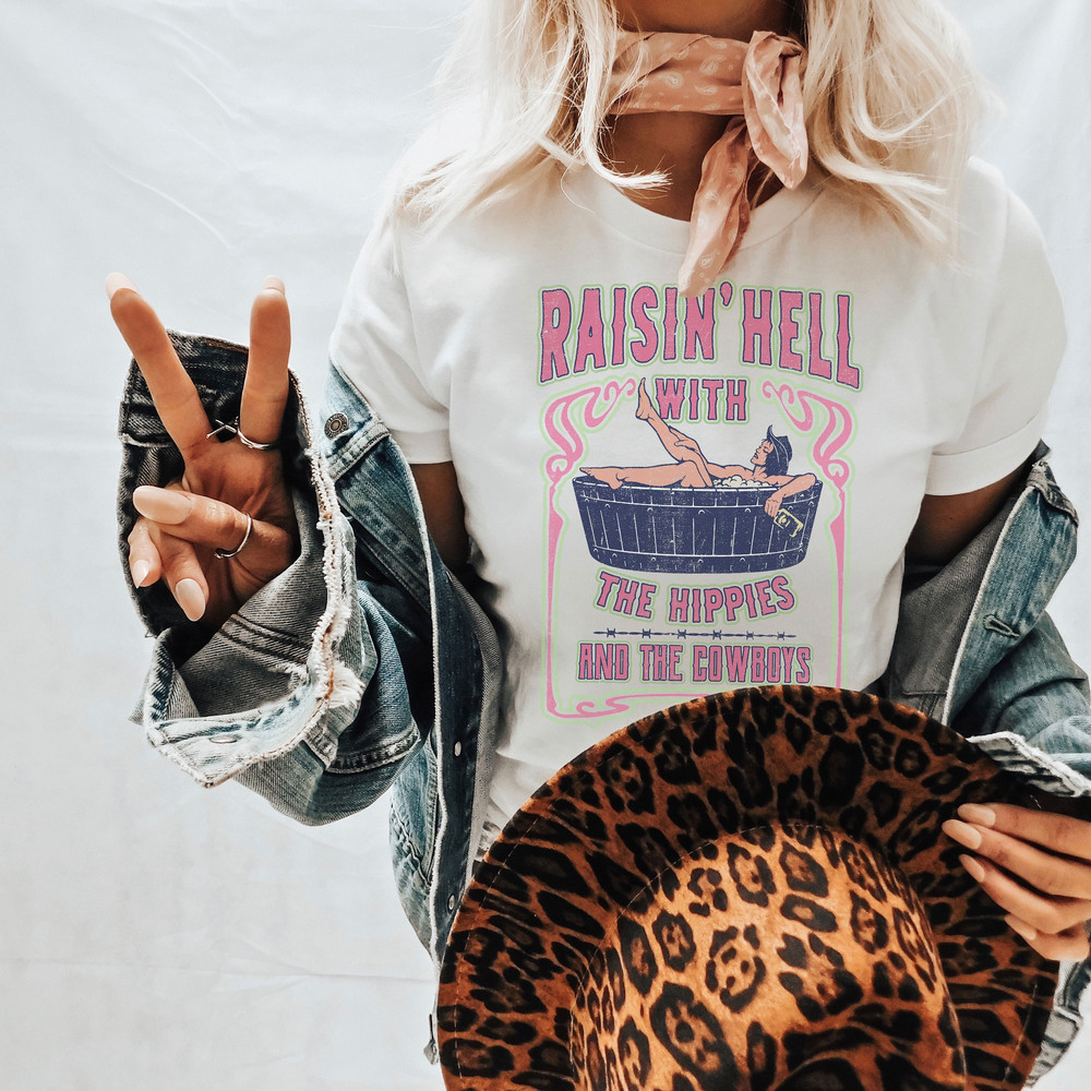 Raisin Hell With The Hippies Western Graphic Tee, Boho Western Shirt, Western Shirt, Cowgirl Shirt, Nashville Shirt - 1.jpg