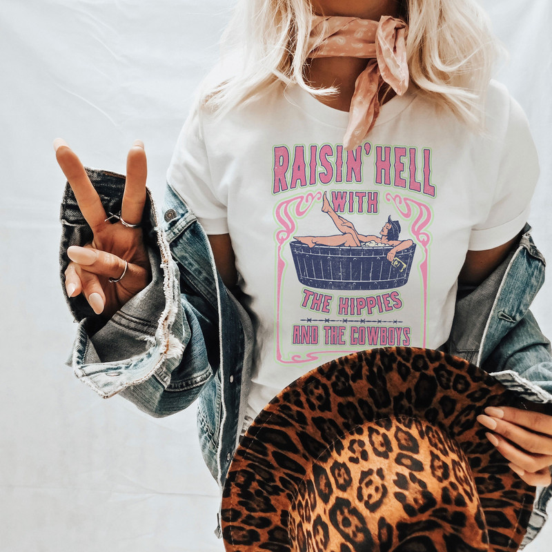 Raisin Hell With The Hippies Western Graphic Tee, Boho Western Shirt, Western Shirt, Cowgirl Shirt, Nashville Shirt - 1.jpg