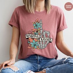 vintage flowers and skeleton hand graphic shirts for women, sarcastic saying sensitive and wild crewneck sweatshirt, boh