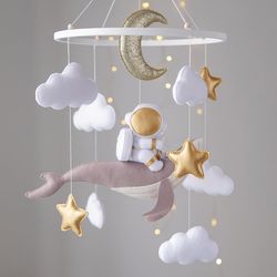 Astronaut and whale gold mobile. Baby shower gift. Neutral gender mobile