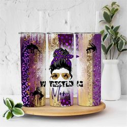20oz skinny tumbler purple gold wrestling mom glitter