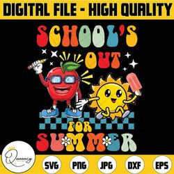 retro groovy school's out for summer graduation teacher kids png, summer vacation, retro smiley face png, digital dowloa