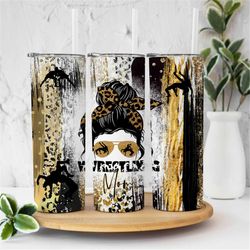 20oz skinny tumbler black gold wrestling mom glitter