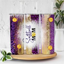 20oz skinny tumbler purple gold softball leopard designs