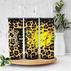 20oz skinny tumbler gold glitter softball mom leopard