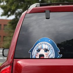 anime car decal, gawr gura sticker, gawr gura decal for car, youtuber decal, game sticker, game decal, anime decal