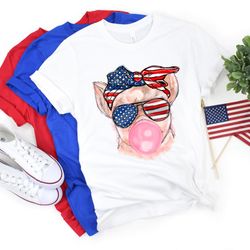 4th of july cat bubblegum, patriotic cat sunglasses bandana, bubble gum pig shirt, 4th of july gift, pig blowing bubble