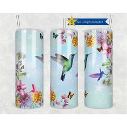 20oz skinny tumbler flowers hummingbird and butterfly