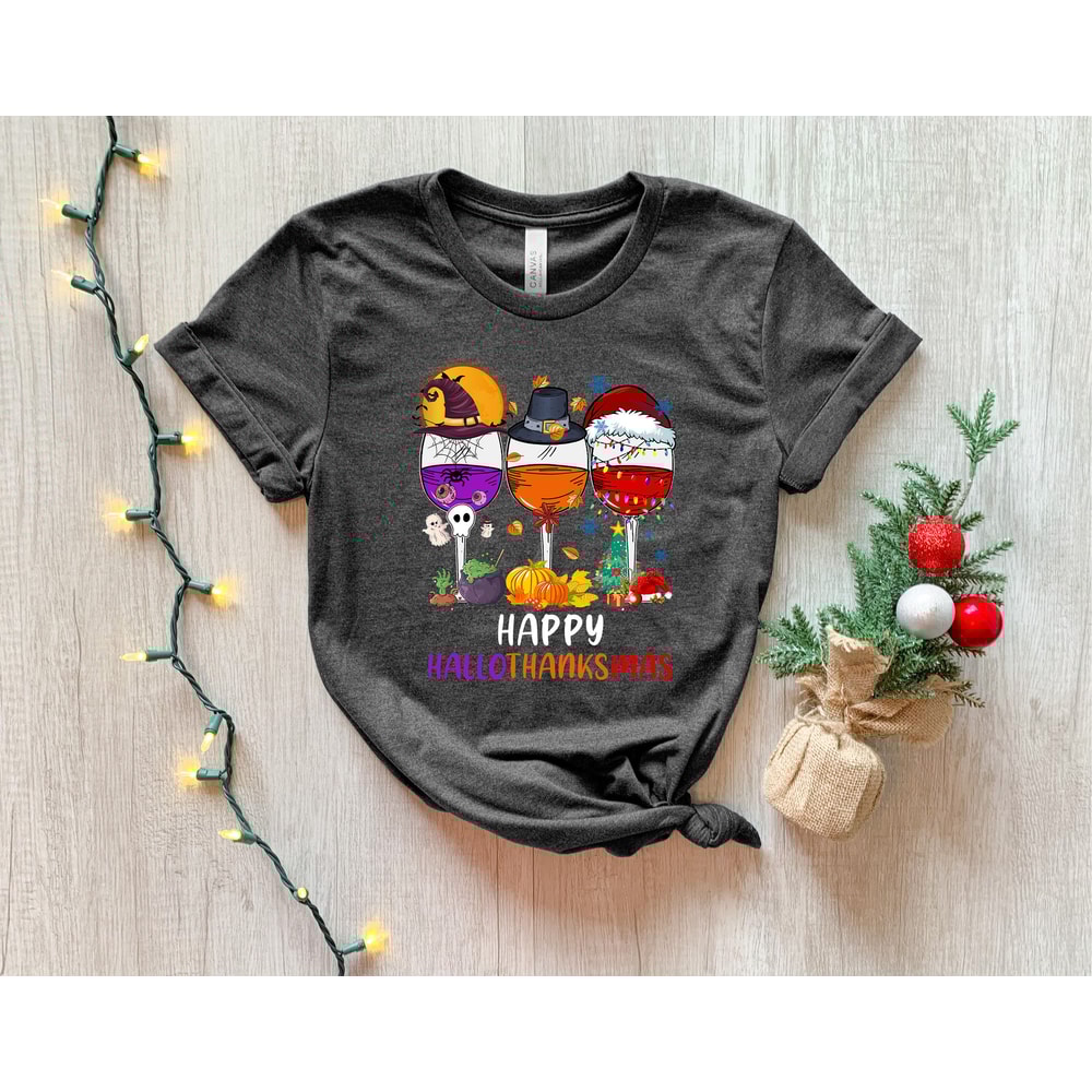 Happy HalloThanksMas Wine Shirt - Cute Drinking T-shirt - Funny Festival Tee - Women Christmas Shirt - Thanksgiving Tee - Halloween T-shirt - 3.jpg