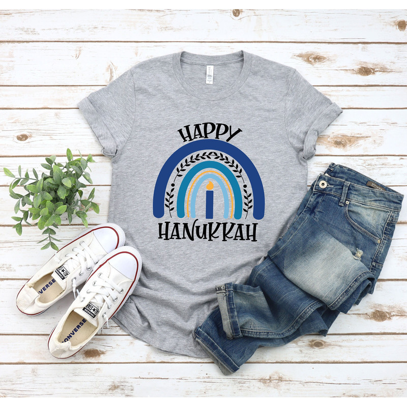 Happy Hanukkah T-Shirt, Menorah Hanukkah, Blue Rainbow Lit Shirt, Jewish Shirt, Chanukah Shirt, Gift For Hanukkah - 1.jpg