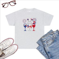 4th of july red white blue wine glasses fireworks usa flag t-shirt