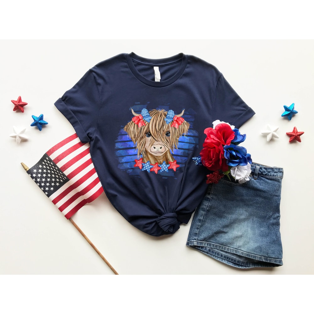 Patriotic Cow Shirt, 4th Of July T-Shirt, Independence Day Shirt, America Flag, Highland Cow Tee, Cow Bandana USA Tees, American Cow T-shirt - 1.jpg