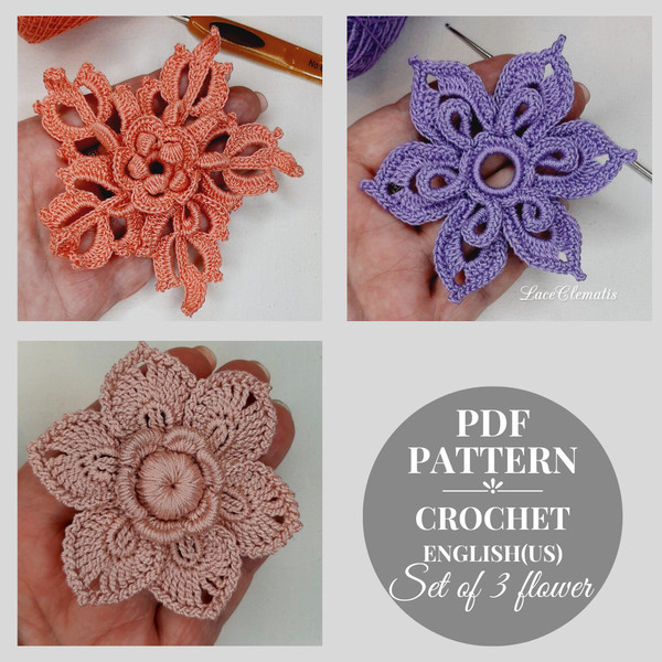 Set of 3 crochet flowers pattern Irish Lace crochet flower
