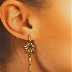 Bridal crystal stars gold chain long tassels earrings. Wedding sparkly earrings. Metall Korean dangle chain earrings.