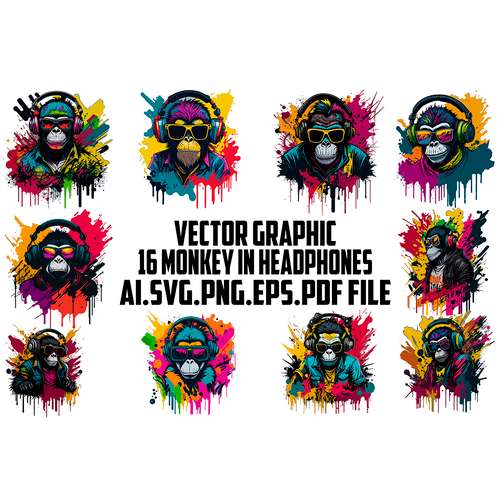Monkey in Headphones Vector Digital file Ai,PDF,PDF,SVG,PNG files Sublimation Digital Vector File