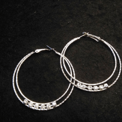 Silver double thin with crystals hoop earrings. Minimal sparkly large zirconia hoops. Double bling hoop earrings.