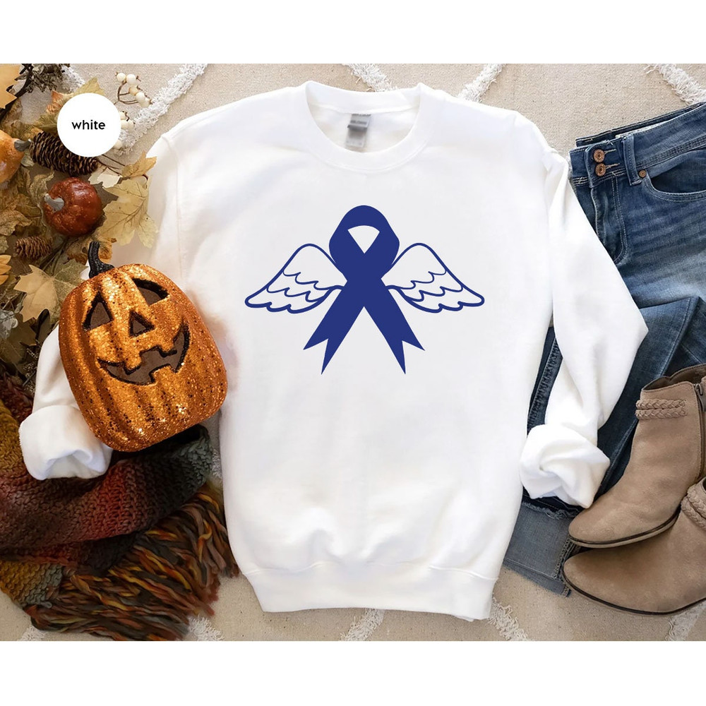 Cancer Awareness Hoodies and Sweaters, Colon Cancer Sweatshirt, Cancer Survivor Long Sleeve Shirt, Blue Ribbon, Awareness Gift, Gift for Her - 4.jpg