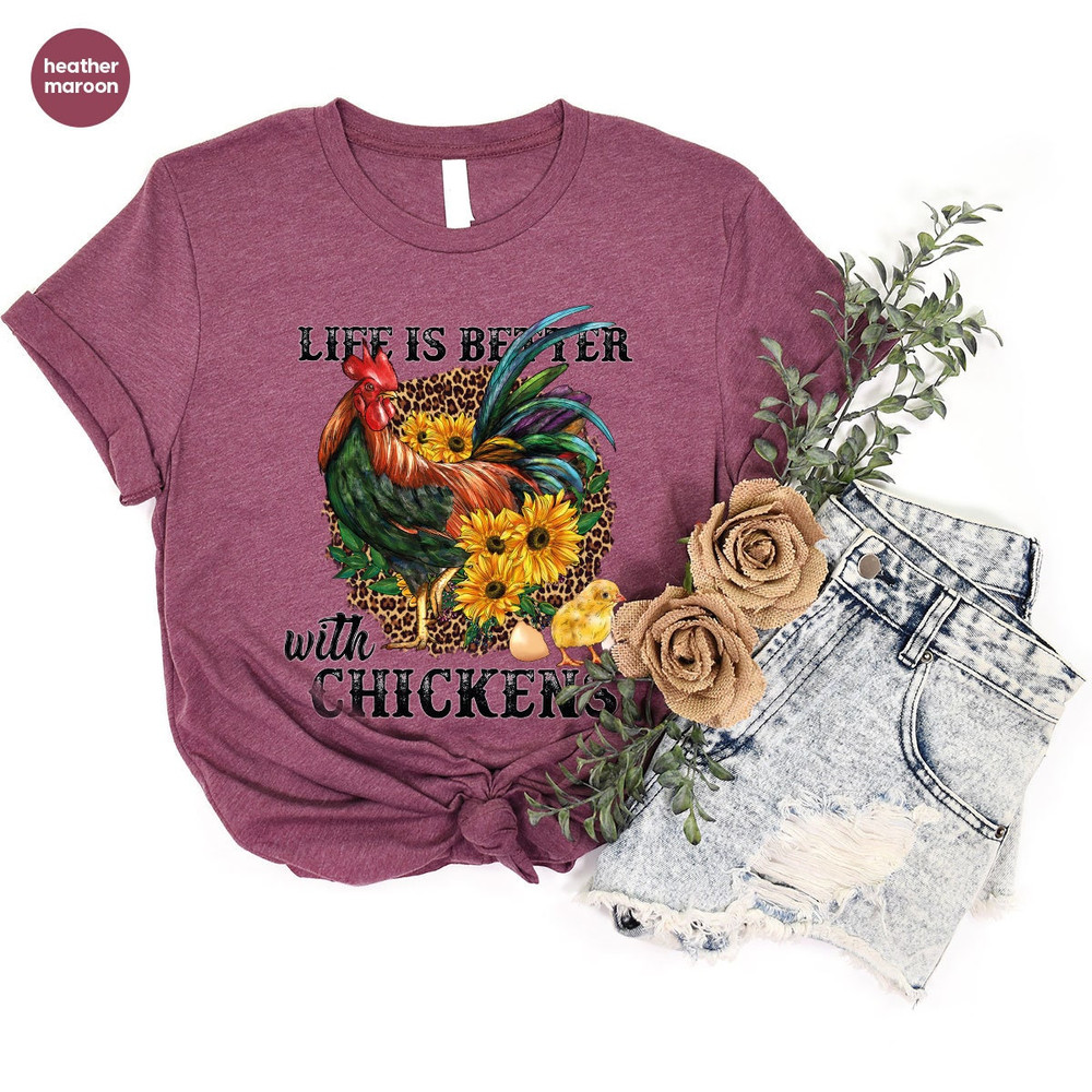Chicken Shirt, Farm Animal Graphic Tees, Chicken Vneck Shirt, Farm Gifts, Floral T-Shirt, Gift for Her, Farmer Clothes, Chicken Mom Outfit - 5.jpg