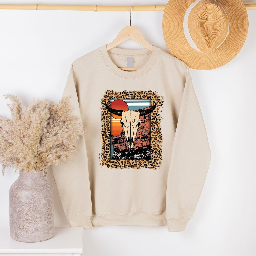 Cow Skull Graphic Tee, Southern Shirt, Western Shirt, Boho Hippie Style Bull Skull Desert Shirt, Unisex Crewneck Leopard Print Country Shirt - 2.jpg