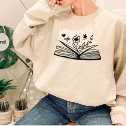 cute flower sweatshirt, books with flowers hoodies, floral book long sleeve shirt for librarian, minimalist reading book