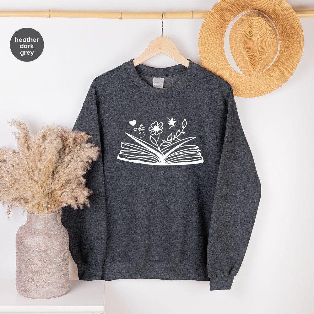 Cute Flower Sweatshirt, Books with Flowers Hoodies, Floral Book Long Sleeve Shirt for Librarian, Minimalist Reading Book Hoodie Gifts - 6.jpg