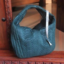 Medium Soft Hobo Classy Sport Woman Stitched Bag | Purse Genuine Python Skin | Dewi Green Big Elegant Leather Designer S