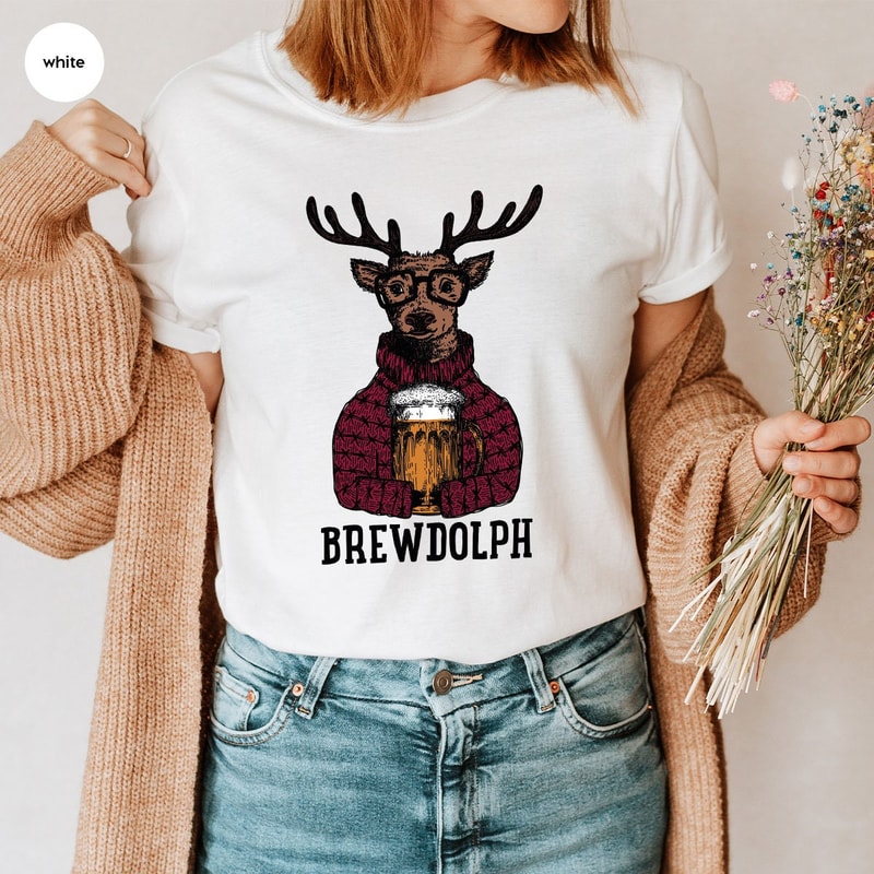 Drinking Brewdolph Christmas Party Tshirts for Family, Christmas Brewdolph Reindeer Unisex Shirts for Xmas Gifts, Winter Holiday Deer Shirt - 4.jpg