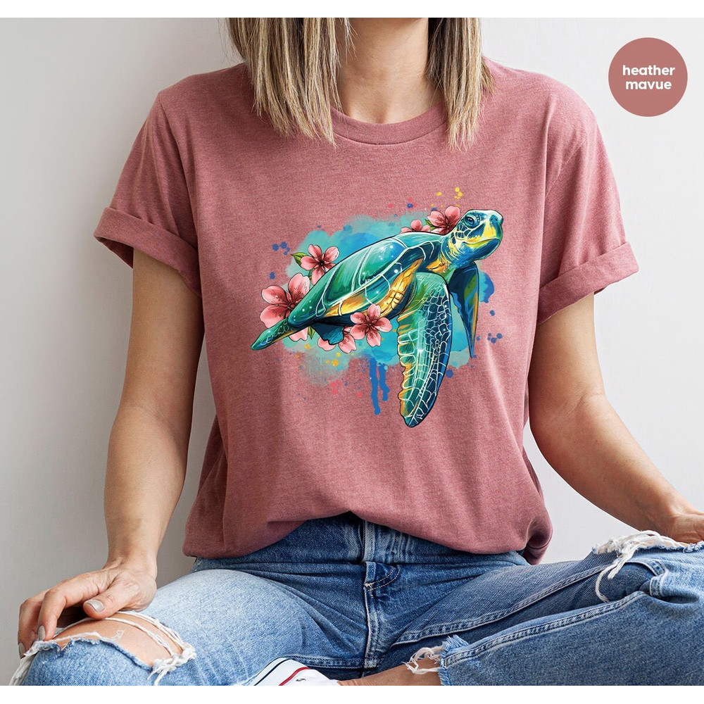 Floral Turtle Shirt, Sea Turtle Graphic Tees, Sea Animals Gifts, Trendy Oceans Clothing, Save the Turtles VNeck Shirt, Cute Gifts for Kids - 2.jpg