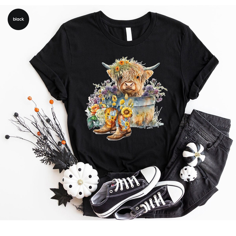 Flower Shirt, Cow Graphic Tees, Cow Shirt, Cute Highland Cow T-Shirt, Gift for Her, Cow Vneck Shirt, Shirt for Women, Floral Tee, Farm Shirt - 1.jpg