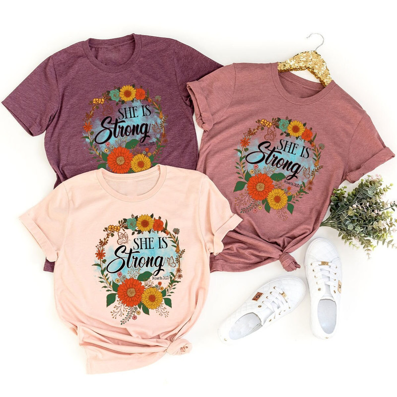 Flower Shirt, Floral Christian Shirts, Christian Gifts, Gifts for Her, She Is Strong, Bible Verse Tee, Motivational Shirts, Shirts For Women - 1.jpg