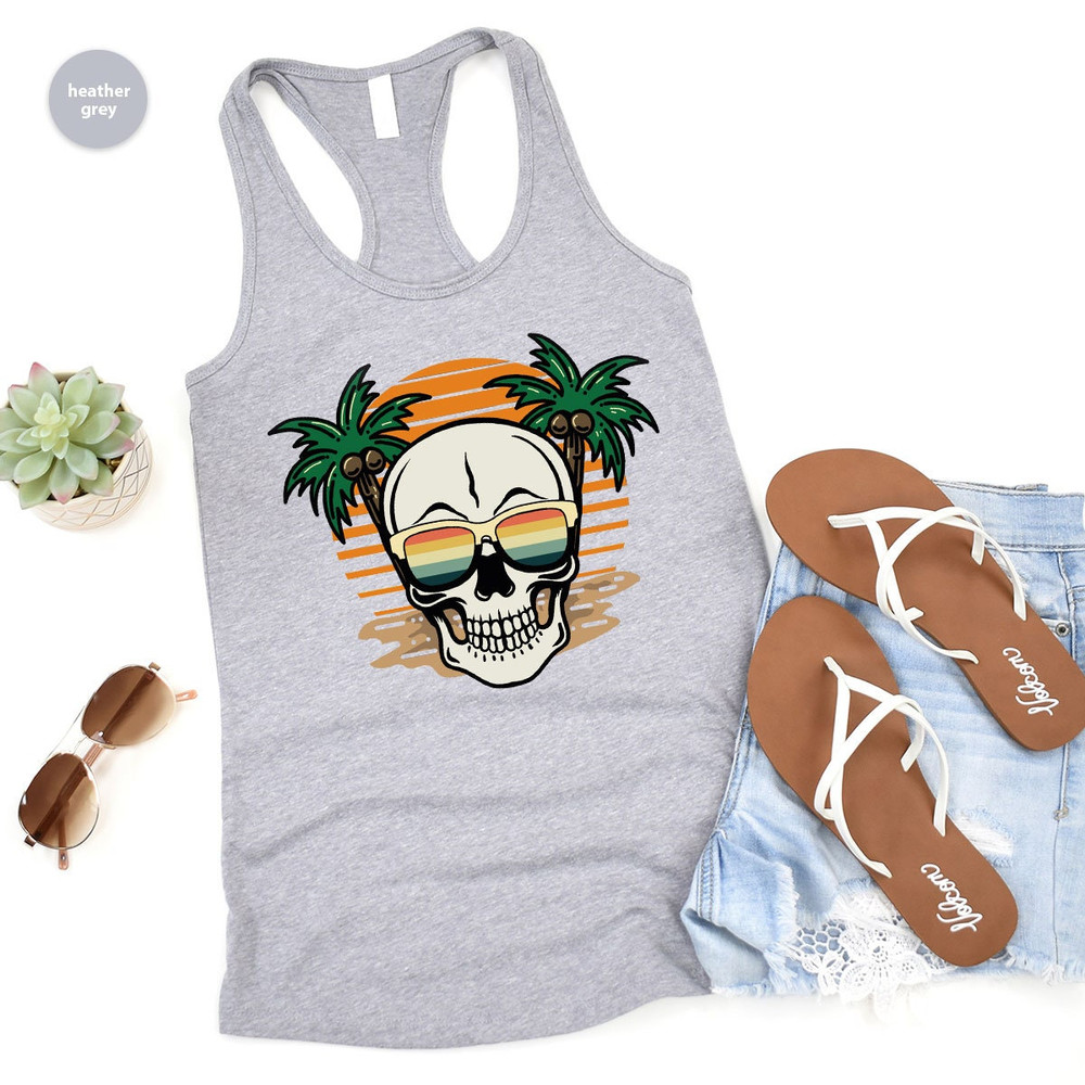 Funny Skull Tank, Beach Tank, Summer Graphic Tees, Vacation Tank, Holiday Vneck Tank, Skeleton Tank, Travel Tee, Gift for Her - 5.jpg
