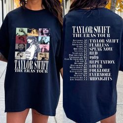 taylor eras tour 2 sided print t-shirt, with tour places and albums on the back shirt, evermore, midnights concert shirt