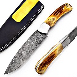 Damascus Skinner , Hand Made Full Tang Damascus Steel Skinning Knife , Outdoor Knife